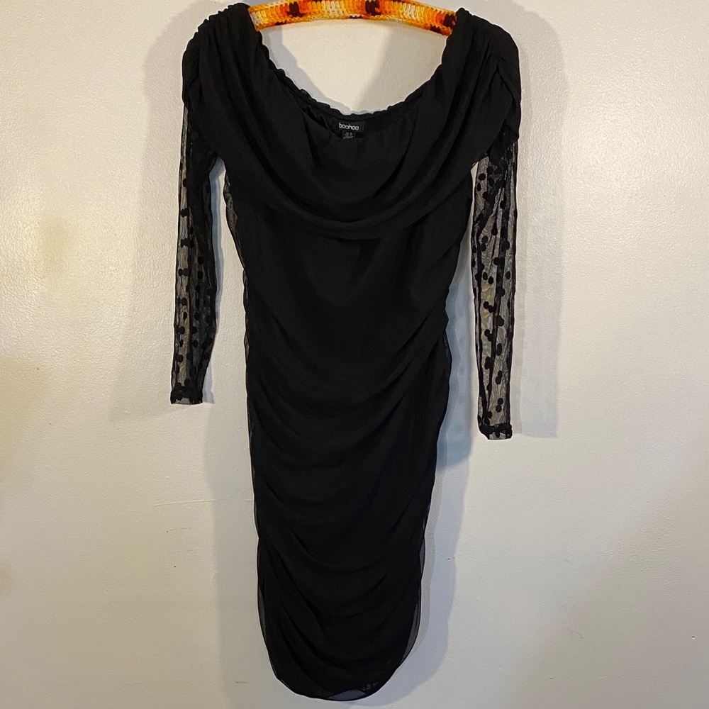 Boohoo Black Ruched Midi Dress with Sheer Polka-Dot Sleeves